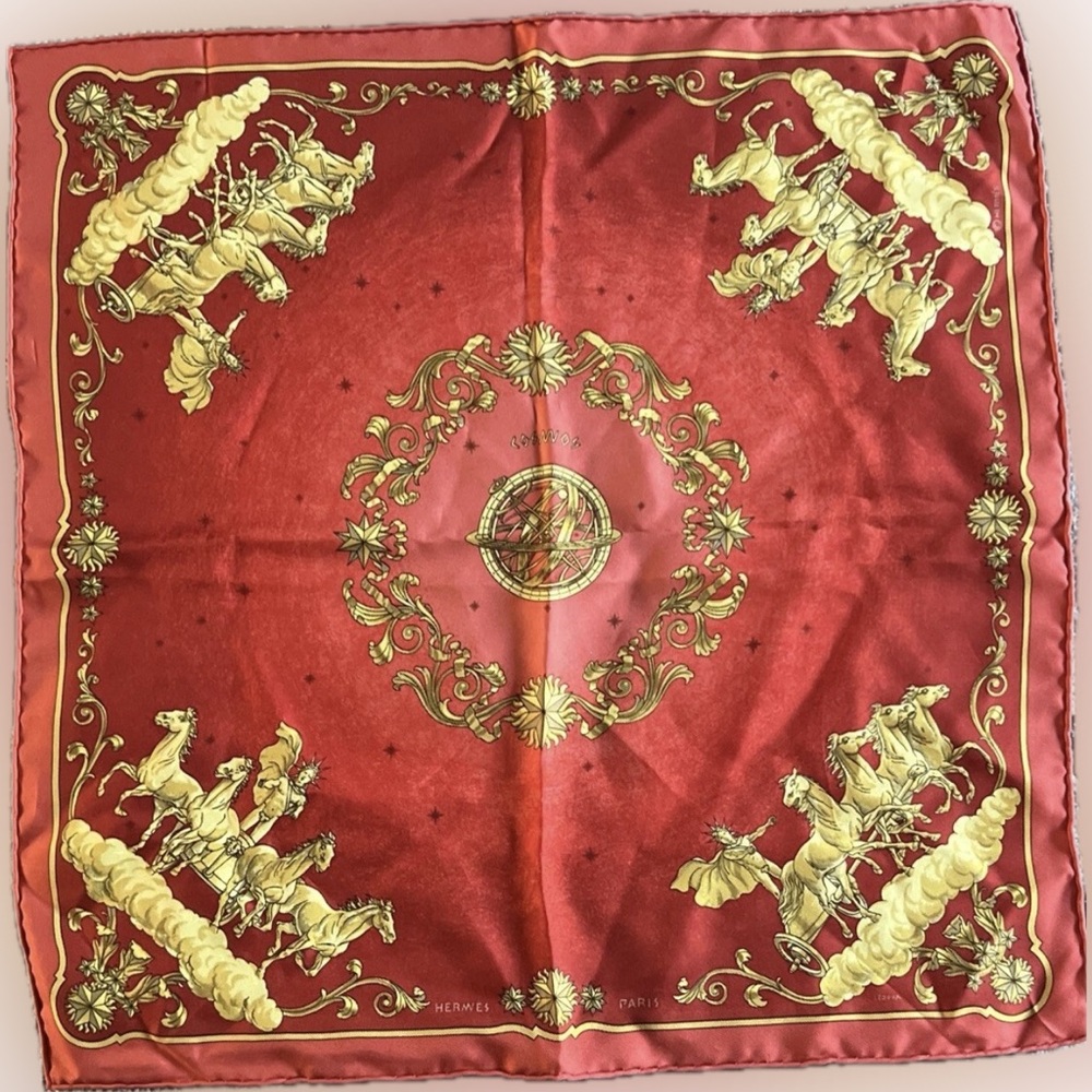 Hermes red “cosmos,” silk scarf neckerchief 16”inch square designed by Ledoux